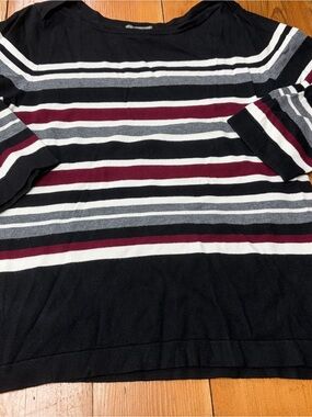 Women's Black Striped Sweater with Burgundy and Gray Accents